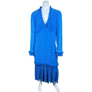 OYROSY Blue Pleated Ruffle V-Neck Maxi Dress Long Sleeve Plus Size 2XL NEW